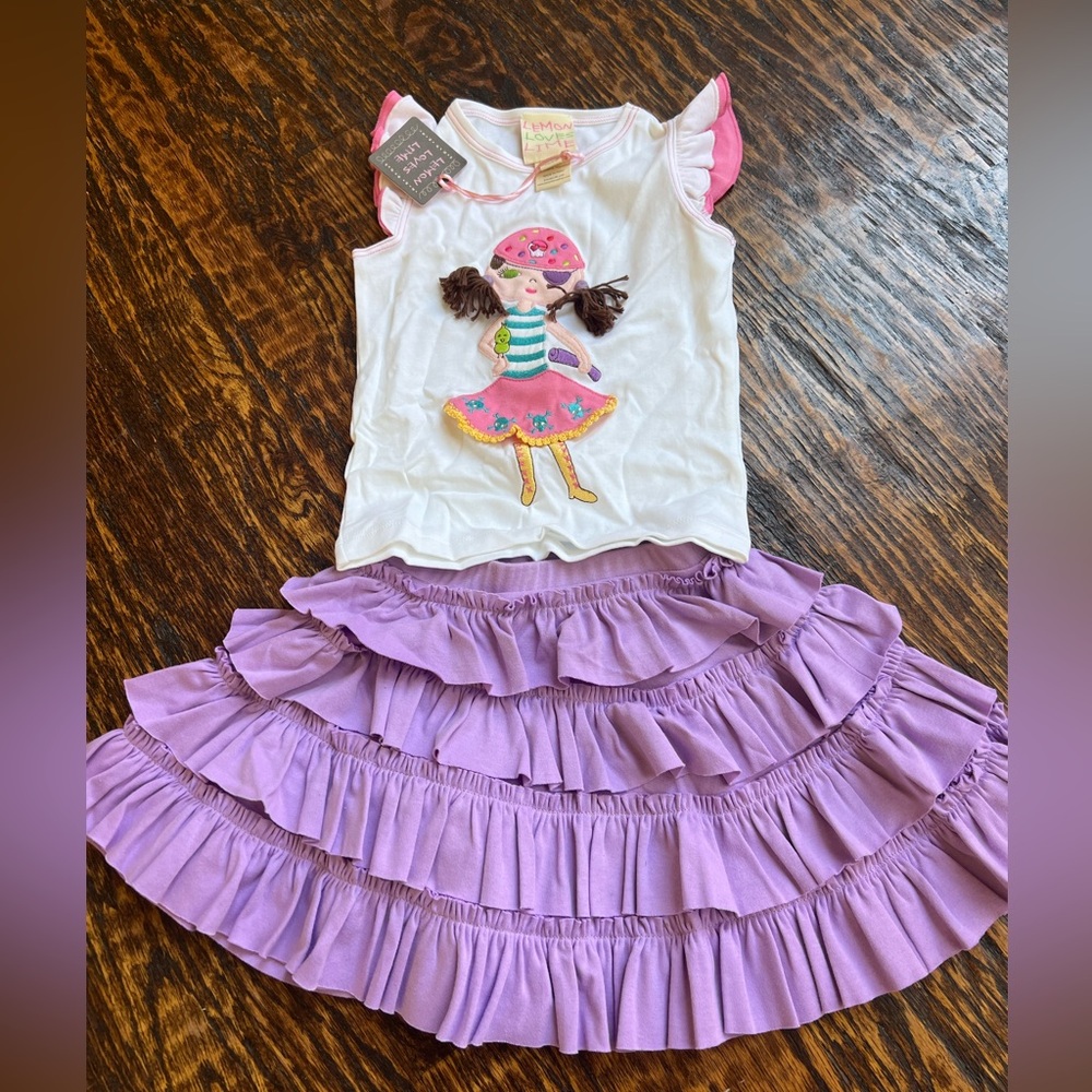 NWT Lemon Loves Lime Appliqué Girl Pirate Tee and Matching Ruffle Sk…